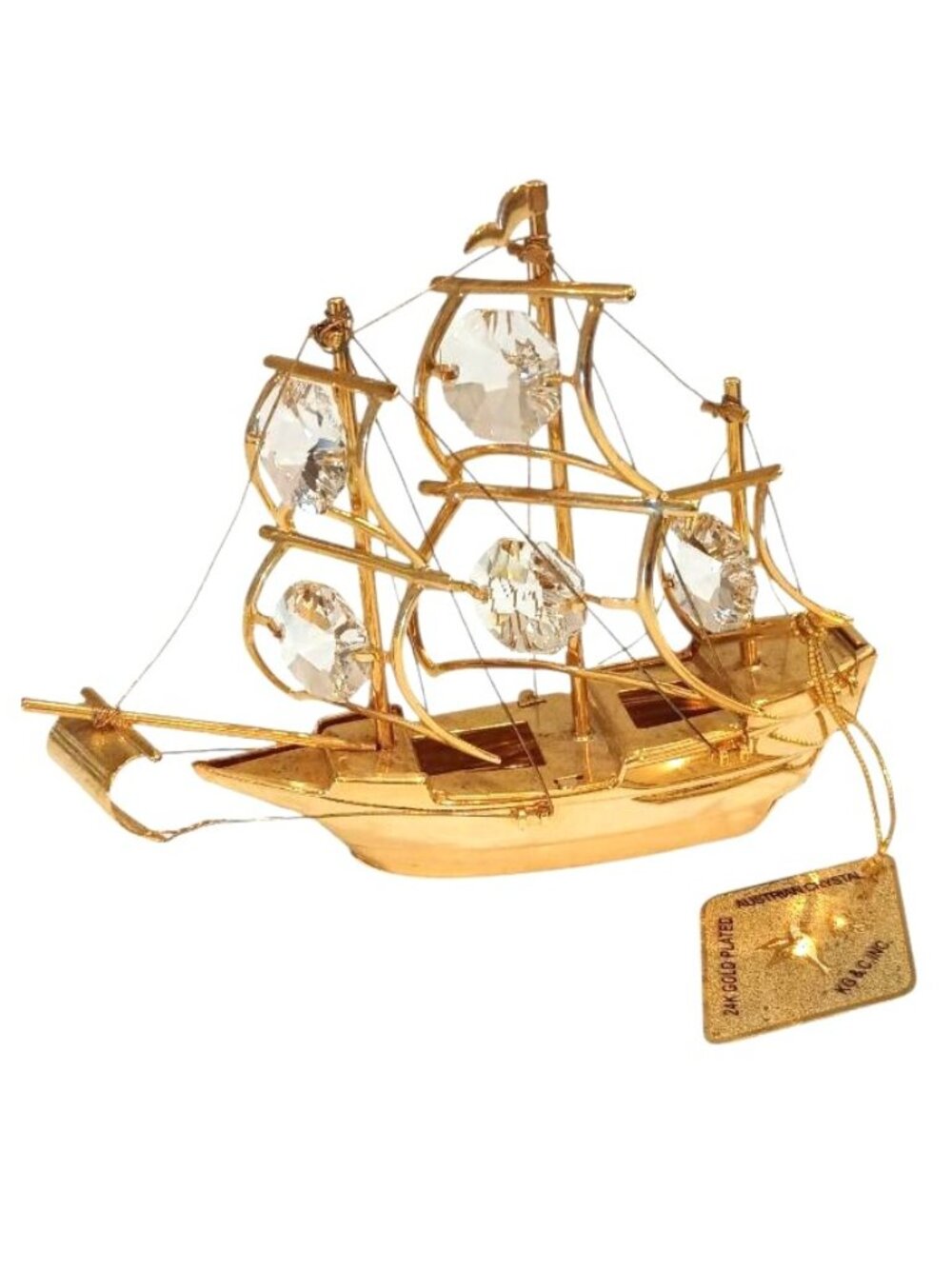 Vintage KG & C Inc Mayflower Sailing Ship 24K Gold Plated W 5 Swarovski Crystals
